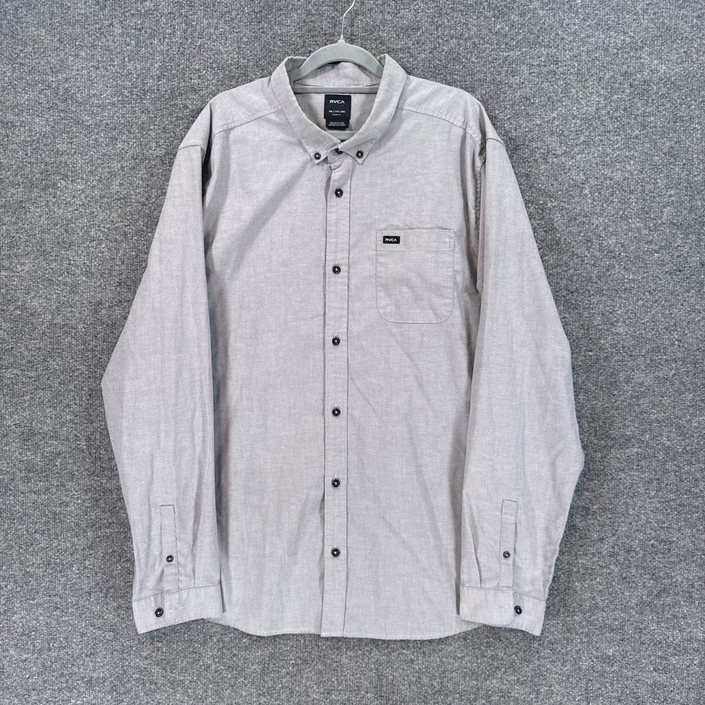 RVCA Button Down Shirt Men XXL Gray Slim Fit Long Sleeve Pocket Casual Chambray